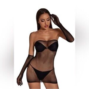 Black Sexy Fishnet Mini Dress With Gloves Stripper Club Punk Rock Goth Baddie